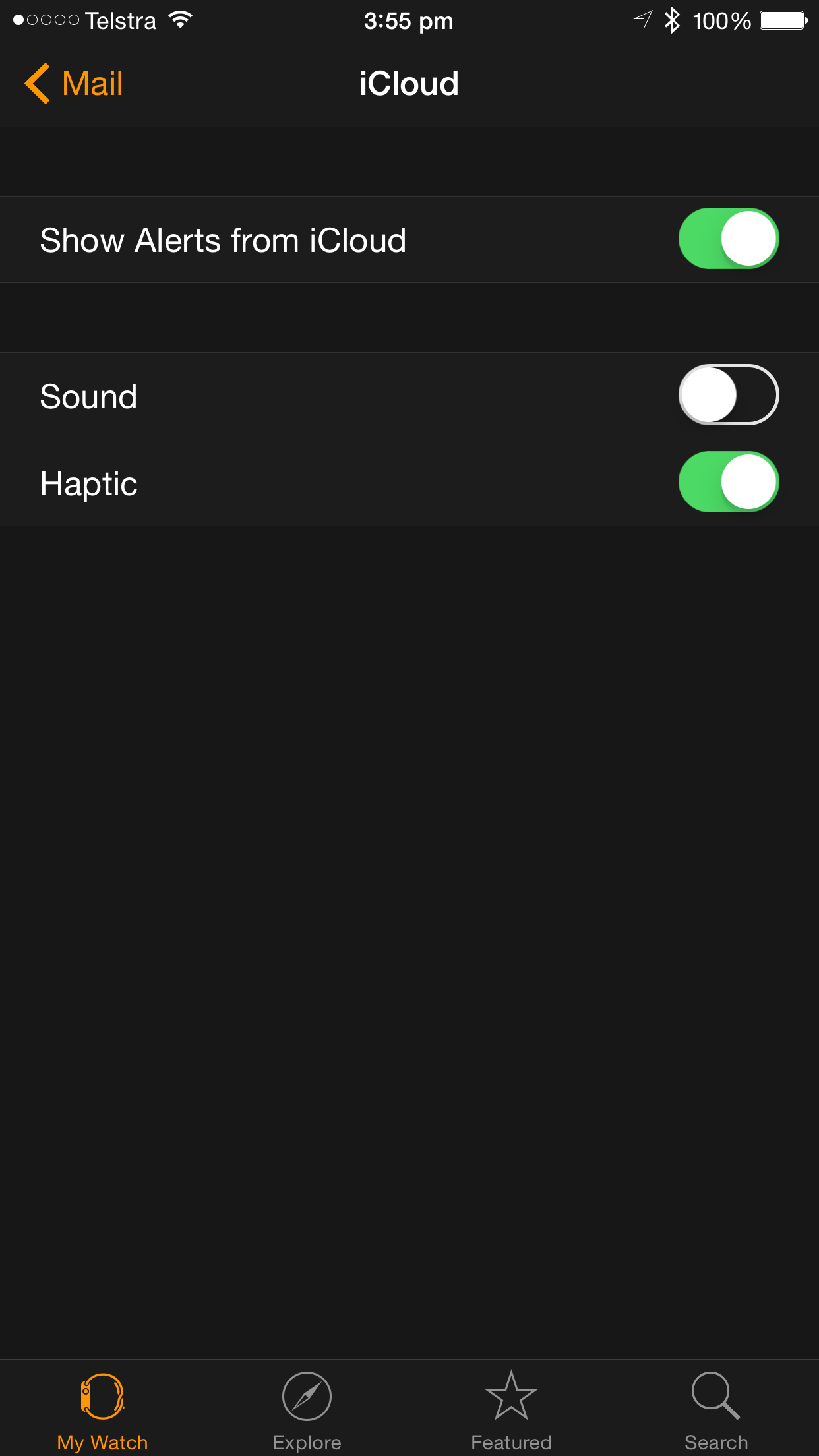 Mail Settings in Apple Watch iPhone App